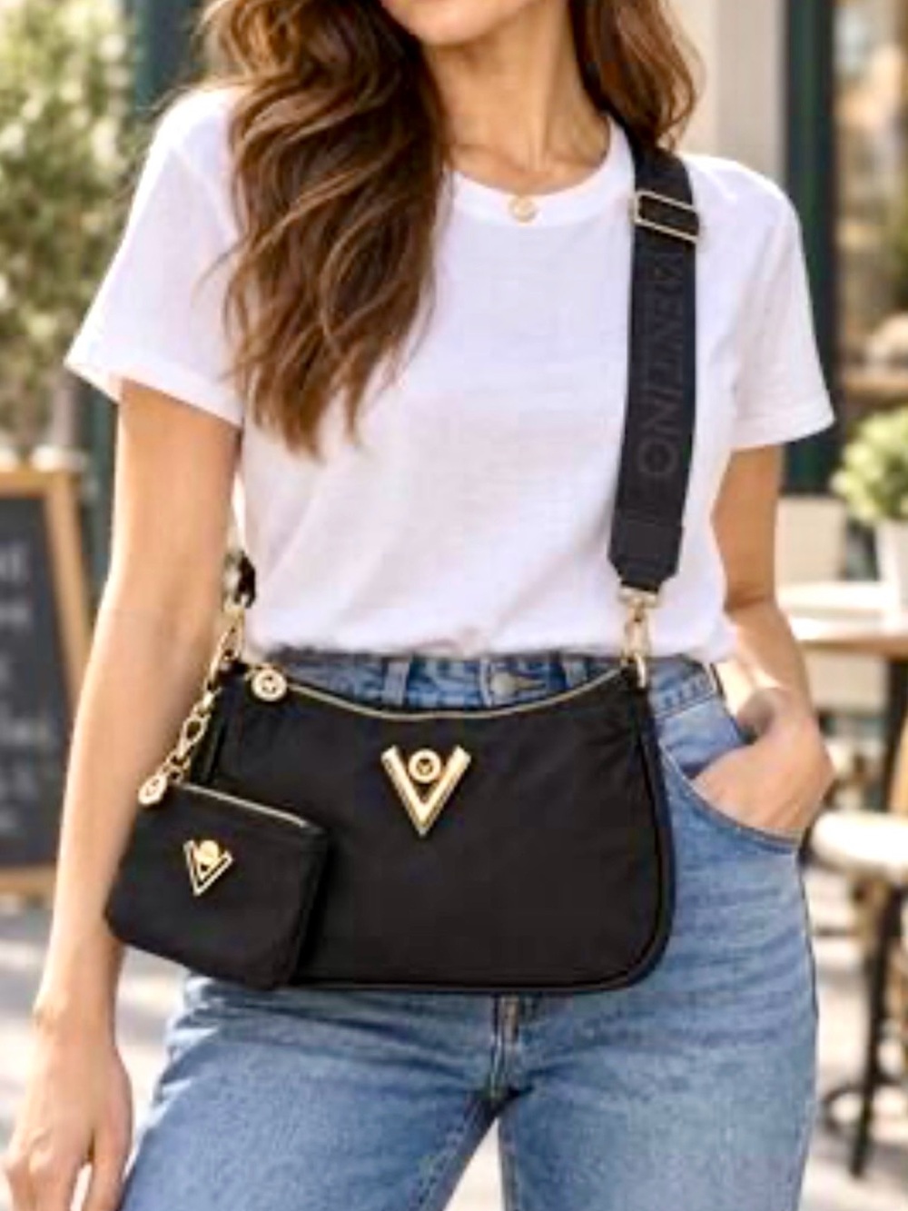 Valentino Orlandi Black Crossbody Bag with Gold Hardware and Detachable Pouch
